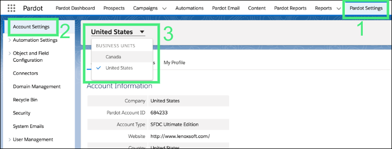 pardot business unit switcher